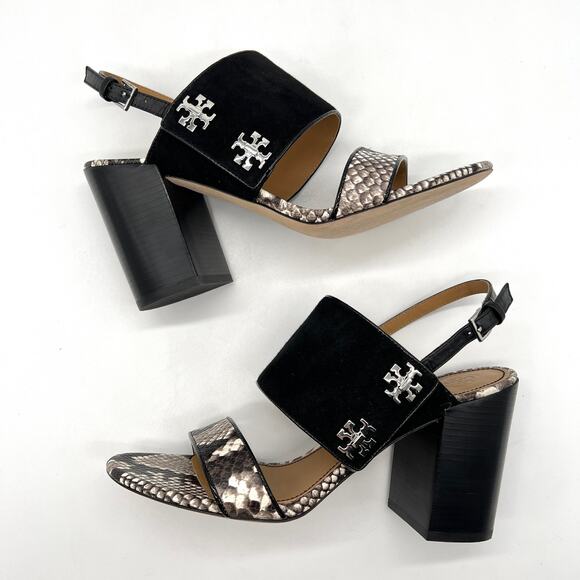 TORY BURCH Kira Suede Snake Embossed Sandal Womens 9 Black Block Heel Python - Picture 5 of 13